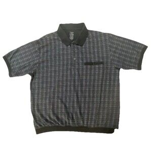 David Taylor Mens XL Polo Shirt Black Gray Plaid Short Sleeve Banded Hem Pocket